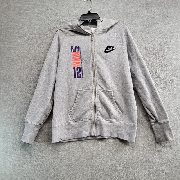 Nike Women Sweatshirt 2XL Gray Hoodie Logo Full Zip Logo Run Marathon - Picture 1 of 11